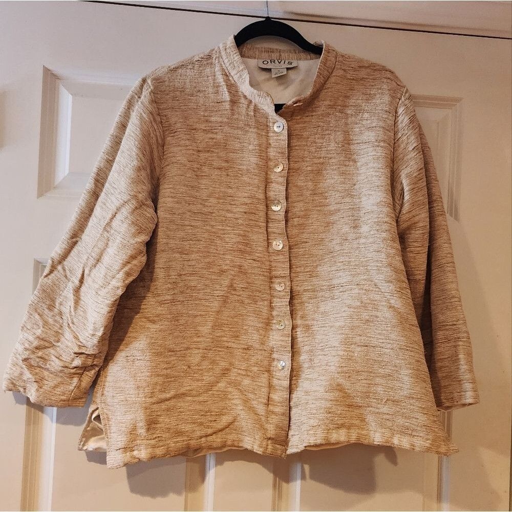 Orvis 100% silk cream colored button up blazer jacket Size 16
